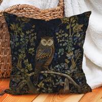 William Morris Owl Pillow - Wisdom Watcher WM Style Cushion, Victorian Home Decor, Gold Navy Green, 