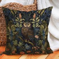 Wise Owl Pillow Twilight Sentry Enchanted William Morris Forest, Rustic Arts & Crafts, Navy Taup