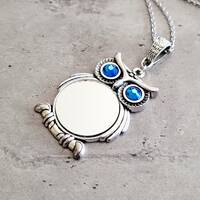 Gothic Steampunk Silver owl Mirror setting crystal eyes charm pendant necklace