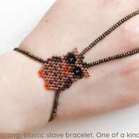 Cute Owl beadwork with gold copper rainbow delica beads. Elastic animal slave bracelet. Beaded Finge