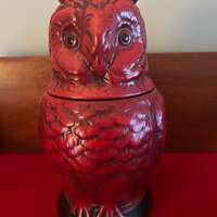 Vintage Red Ceramic Owl Jar with Lid, Owl with Removeable Head Ceramic Art, Lover Antiques and Vinta