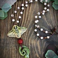 Owl Snake necklace handmade beads totem talisman ceramic bird knotted howlite glass clove waxed line