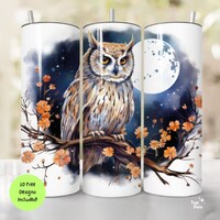Owl Tumbler Wrap, 20oz Midnight Floral PNG for Sublimation, Straight & Tapered Nocturnal Owl in 