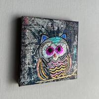 Owl, Original 3x3 painting on canvas, acrylic, colorful shiny, glitter foil, cute handpainted gift f