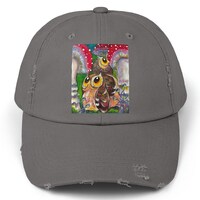 Owls and Shrooms Distressed Ball Cap - Adjustable - Lost in Shroomtasia from Mama Mosaic Artworks - 