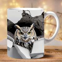 3D Wall breakthrough Owl Mug Wrap, Mug Wrap Sublimation Design PNG, 11oz and 15oz Coffee Cup Templat