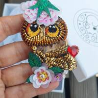 Handmade Owl Brooch,Designer Owl brooch ,Owl art jewelry, Embroidered crystal beads brooch