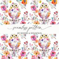 Spring Owl Seamless Pattern Owl With Flowers background, Cute Owl Repeating Pattern, Seamless Owl Ba