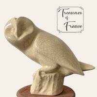 Vintage Rare Owl Statue Made By Le Dauphin France Crackle Glaze Art Deco Style Ceramic Ecru Display 