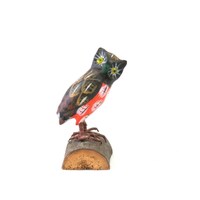 Vintage Hand Carved Wood Owl - Painted Bird on Log Statue