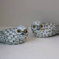 Vintage Carved Wooden Snowy Owl Decoys with Glass Eyes
