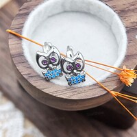 Dainty Multi-Stone Owl Hoop Earrings, Cute Owl Bird Hoop Earrings, Animal Jewelry, Birthday Gift, Mi