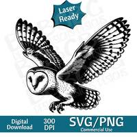 Barn Owl Flying SVG PNG, vector graphic, laser engraver, cnc, Clip art, laser ready, cutting boards,