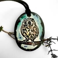 Baby Owl Ceramic Necklace in Black and Blue