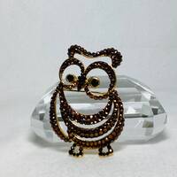 Vintage Brown Crystal Owl Brooch Pin Jewelry Large Gold Tone Amber-Color Rhinestone Owl Bird Figural