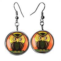 Retro Owl Earrings - Halloween Art Silver Drop Dangle Earrings - 144-SLRE