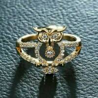 Owl Ring: Vintage Round Cut White Sapphire, Yellow Gold Finish Sterling Silver