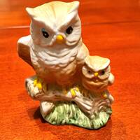 Vintage Baby Owl and Mother Ceramic Sitting On A Log