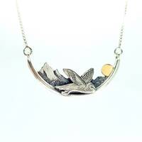 Flying Owl silver necklace, silver and 9k gold owl in the forest, unique handmade necklace of night