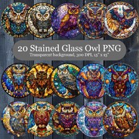 Owl Stained Glass Sublimation Design Bundle, 20 Owl Stain Glass Pattern, Faux Stained Glass PNG, Sun