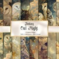 Fantasy Owl Night Digital Paper, celestial digital paper fantasy scrapbook pages printable paper ins