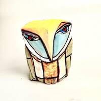 Owl art, ceramic owl sculpture, colorful owl figurine, "Owl Person Standing in the Morning Ligh