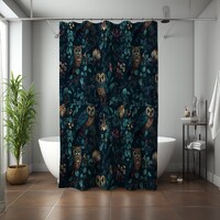 Owl Dark Forest Print Shower Curtain | William Morris Earthy Lush Blue Black Flowers Ornamental Art 