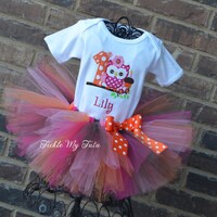 Hot Pink and Orange Owl Birthday Tutu Set-Look Whoo's One Owl Tutu Oufit-Owl Birthday Tutu Set-F