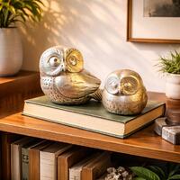 Vintage 1970s Jaru Owl Figurines, Pair of Metallic Silver Resin Owl Statues, Mid Century Decor