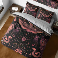 Witchy Cotton Duvet Cover Set, Gothic Owl, Snake & Moon Bed Set for Dark Aesthetic, Classy Gothi