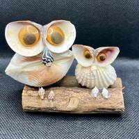 Vintage Sea Shell Owl Pair Art Sculpture Birds On Branch Figurine Googly Eyes