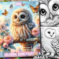 43 Owl Coloring, Bird Coloring Pages, Spring Animal Coloring Book, Grayscale for Adult and Kids Down