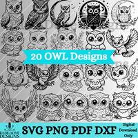 Owl Outline silhouette Bundle 20 svg png pdf and dxf Files Instant Download, cute kawaii baby Owl cl