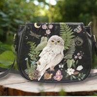 SNOWY OWL Crossbody Saddle Bag, Mystycal Owl Black Vegan Leather Bag, Witchy Messenger Bag, Cottagec