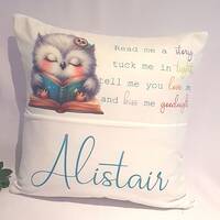 Owl cushion with pocket, personalised cushion cover, Kids pocket pillow, book holder cushion, toddle
