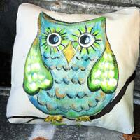 Blue, Green, Whimsical Owl, Hand-painted, Colorful, Kids Accent Pillows, Nursery, Patio, Pillow Cove