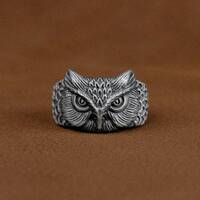 Handmade Owl Signet Silver Ring, Classic Cool Birds of Prey Ring, Engraved Animal Silver Men Ring, P