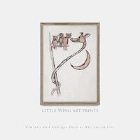 Whimsical Vintage Drawing of a Moon Giraffe and Owls | Children's Art | Nursery Decor | Cheerful