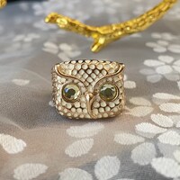 N0478 Vintage Ring/Square Ceramic/ Owl Ring /Rhine stone eyes / Ring /Gift for her / Size us 6.5