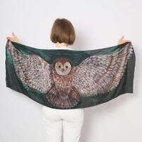 Owl Hand Painted Silk Scarf Owl Green Pure Silk Scarf Bird Scarf Wings Bird Print Scarf Silk Shaw Bi