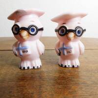 Vintage Pink Glass Owl Salt and Pepper Shakers Rhinestone Eyes