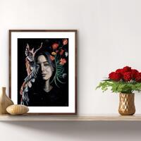 Surreal Owl Woman Portrait Print: Botanical Dark Bird Art