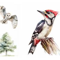 Forest Bird Clipart, Watercolor Owl Clipart Bundle, High Quality JPGs, Tree Clipart, Watercolor Wood