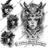 Woman in Owl Hat Tattoo Design, Digital Clipart, Owl Hat Clip Art, Tattoo Clipart, Tattoo Artwork