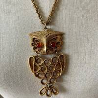 1970s Gold Articulated Owl Pendent . Vintage 70s Gold Chain With Owl Pendent Amber Orange Rhinestone