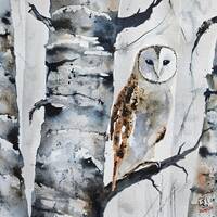 Owl Painting, Birch tree Art, children's room art, ORIGINAL, Bird art , watercolor painting, ori