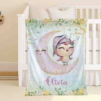 Little Owl Blanket Personalized Moon Nursery Blanket Animals Kids Custom Name Blanket Spring Floral 