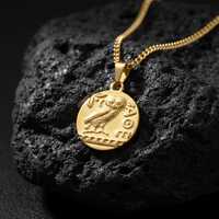 Gold Athena Owl Coin Necklace - Ancient Greek Goddess Medallion Pendant Mythology The Symbol of Wisd