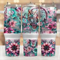 Owl With Pink and Blue Flowers, 40oz Tumbler Wrap, Pastel Sunflowers, Instant Download, Png, Tumbler