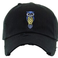 Black Distressed Cap with Cute Blue and Yellow Owl - Owl Unisex Hat